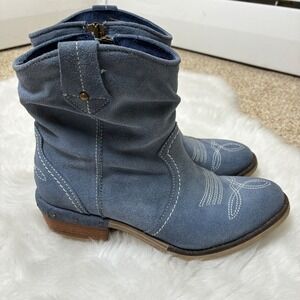 Sundance Blue Suede Slouchy Western Ankle Boots Size 38 Cowgirl Rodeo Hand Made